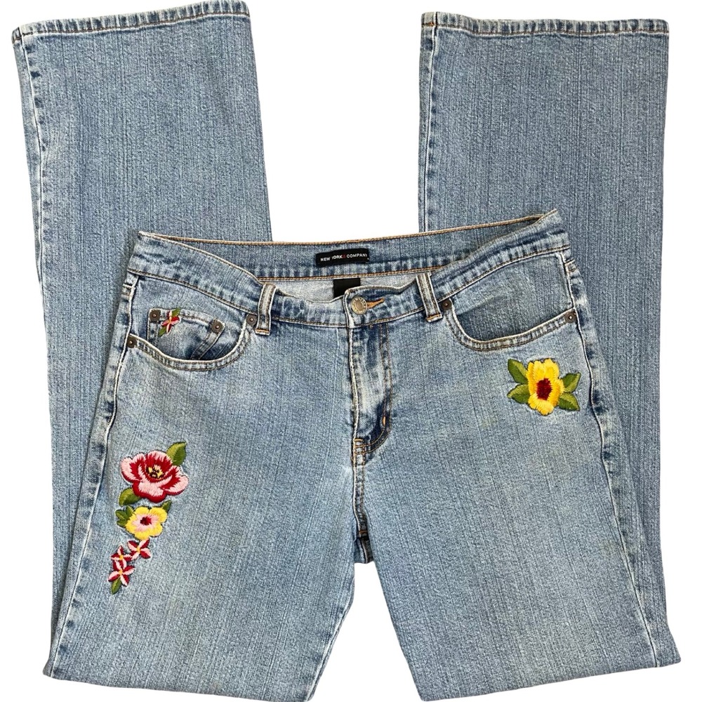 Vintage NY & Co Floral Embroidered Jeans Womens 8 Blue Flare Bootcut Y2K Boho